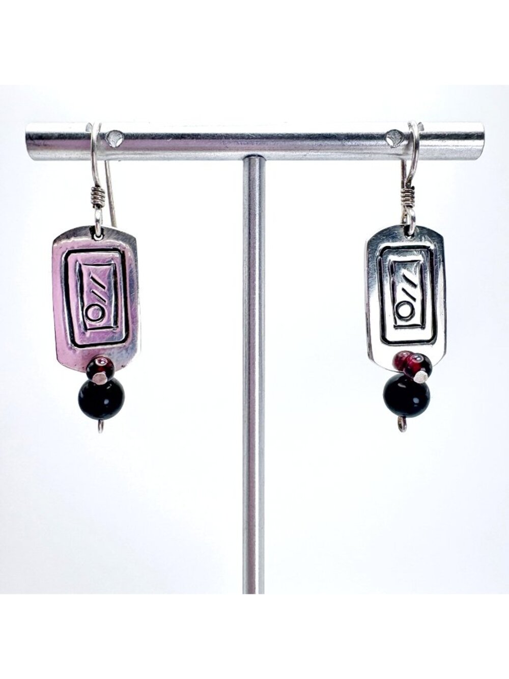 Garnet & Onyx Sterling Silver 925 Dangle Earrings Size 1.5" Length